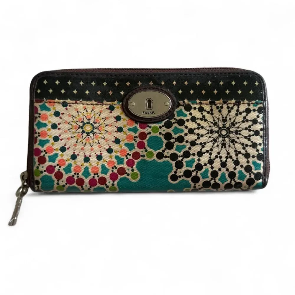 Fossil Key-Per Kaleidoscope Zip Around Wallet Boho Y2K Coated Canvas Organizer